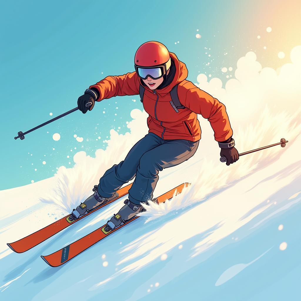 Dynamic Anime Skier Carving Golden Slopes