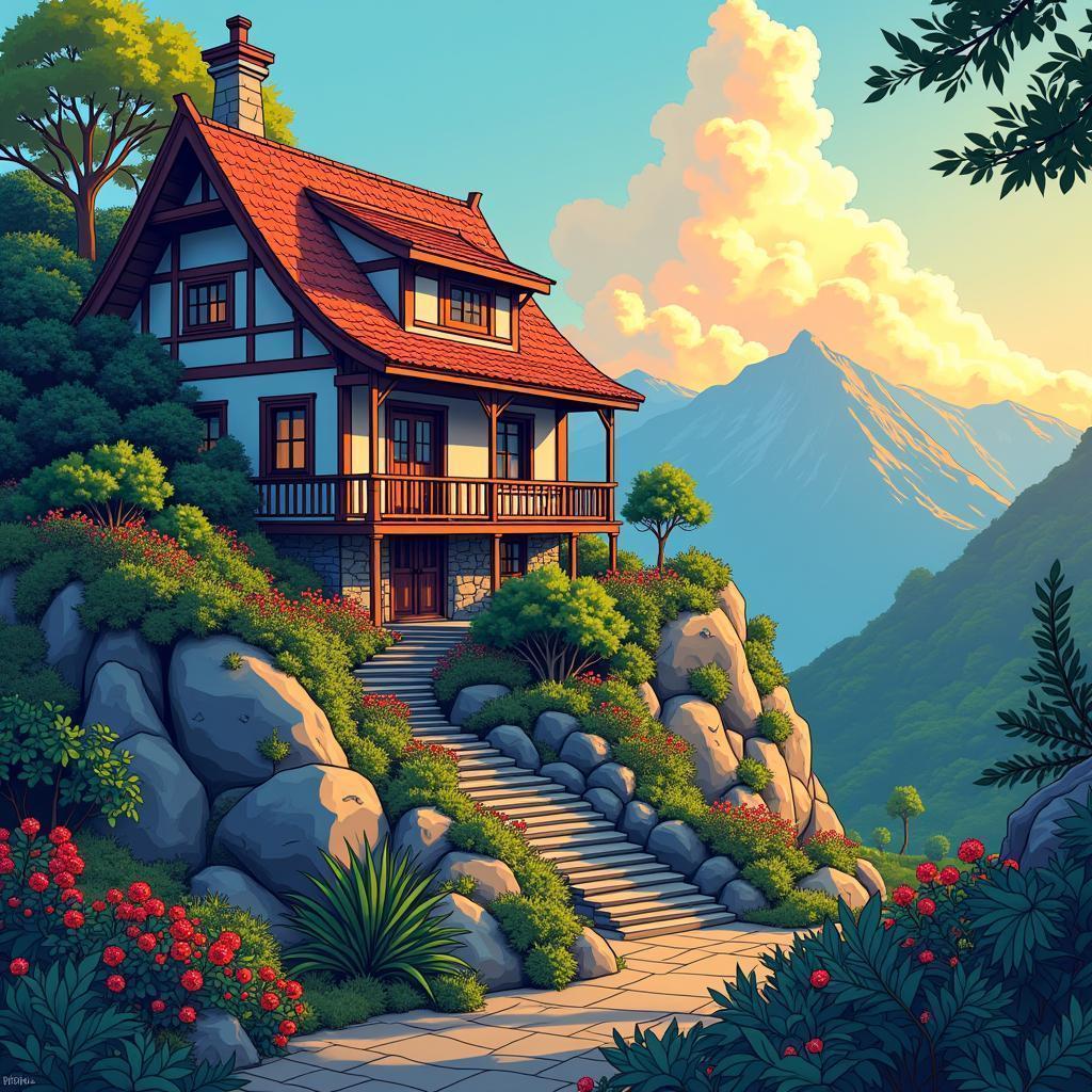 Vibrant Manga House on a Golden Mountain