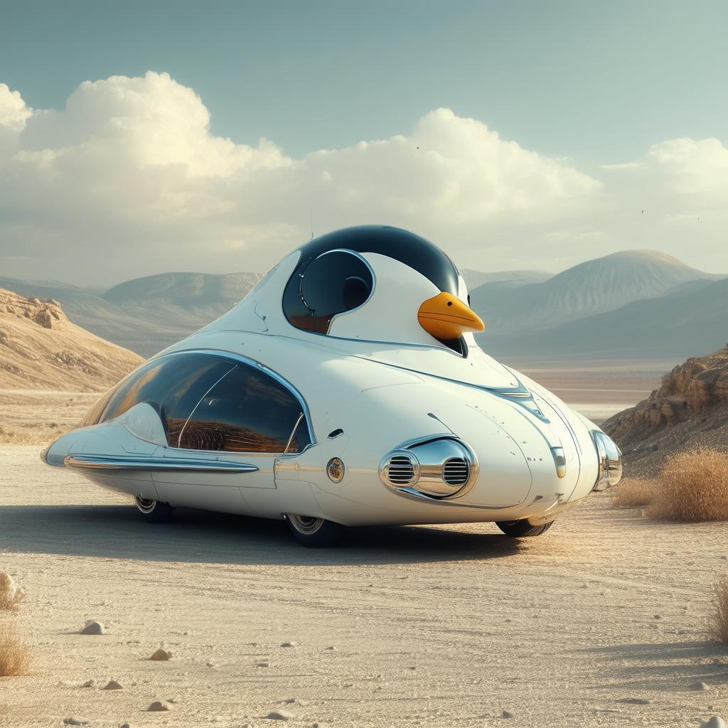 Sleek Penguin Shaped Car in Retro Futurism