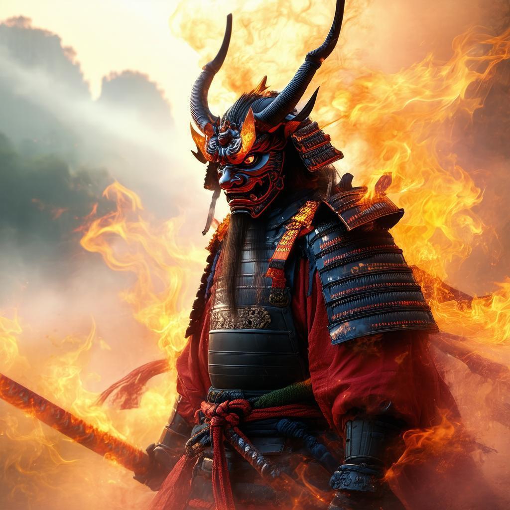 Demon Samurai Mask Wreathed in Golden Flames