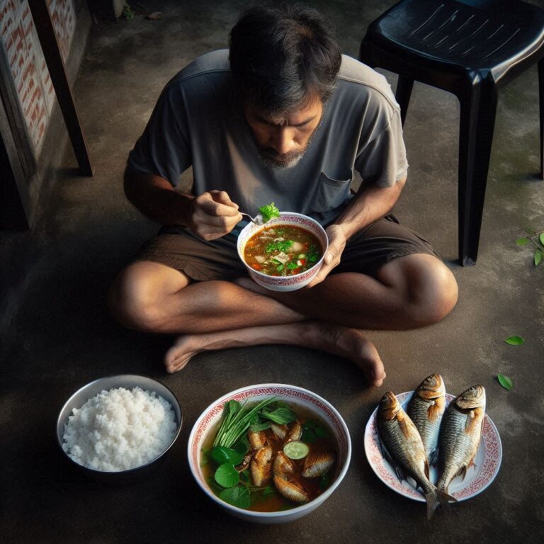 Middle-aged Asian Man Eating Outdoors