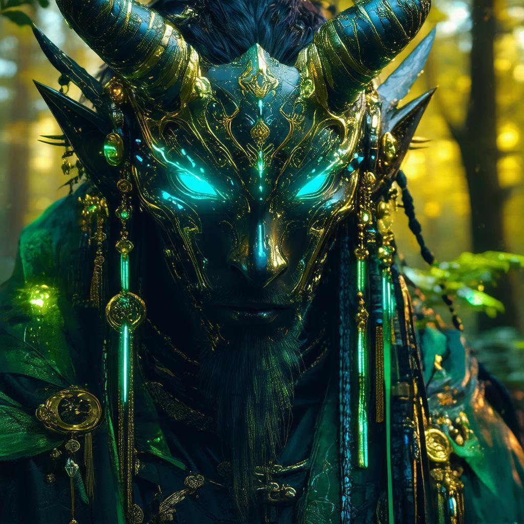 Oni Masked Forest Druid in Cyberpunk Filigree