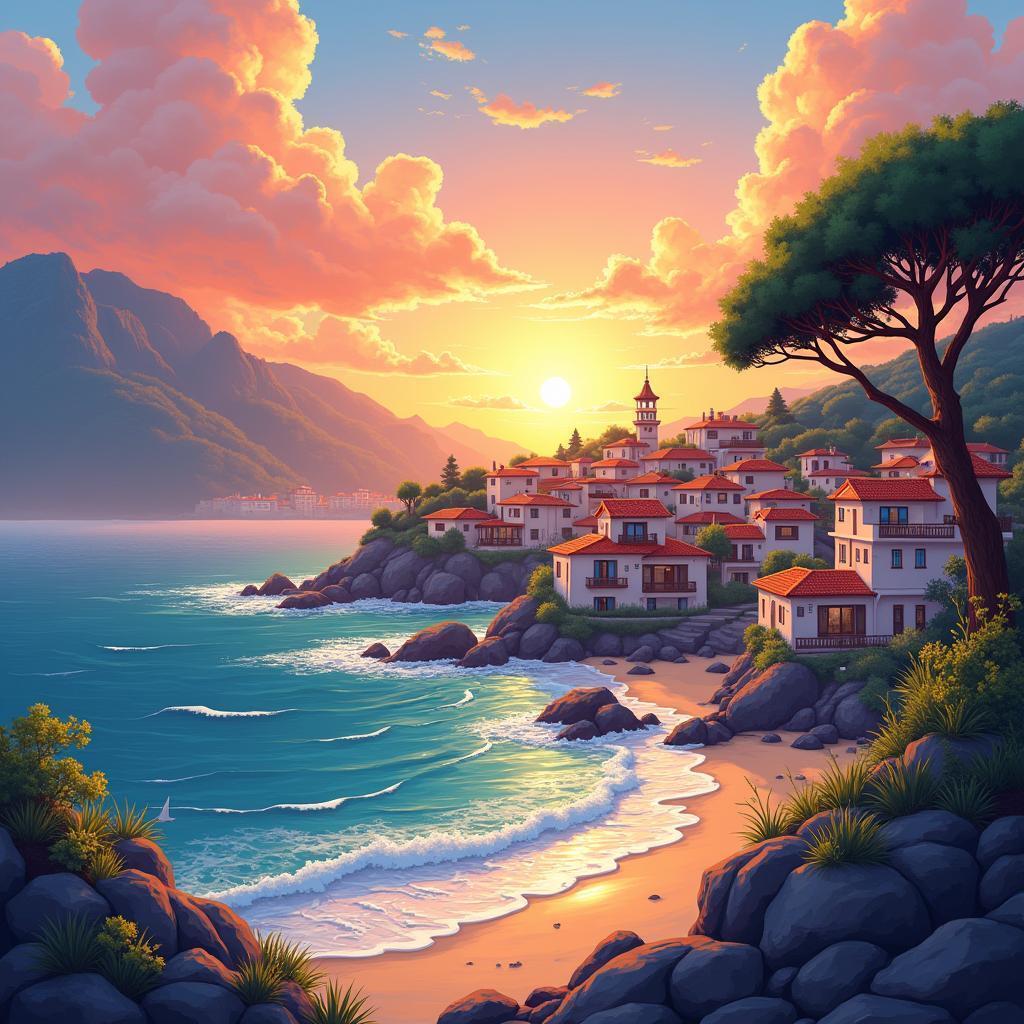 Coastal Anime Town Bathed in Golden Sunset