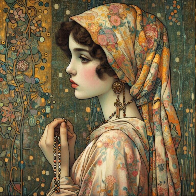 Anime woman in floral scarf side view