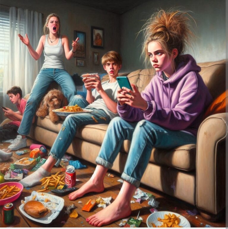 Anime teens ignoring mom on couch