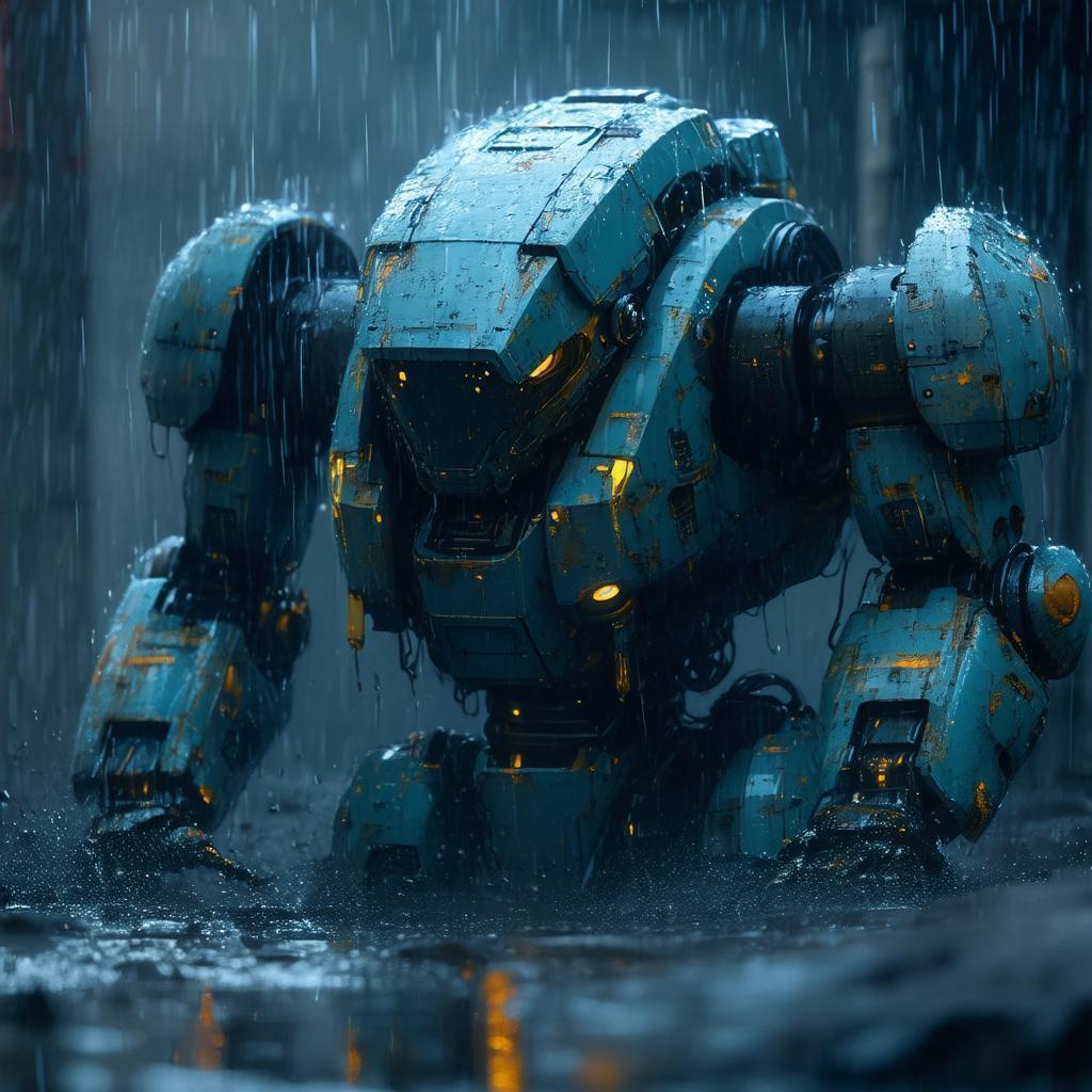 Battle Worn Colossal Robot Resting in Rain