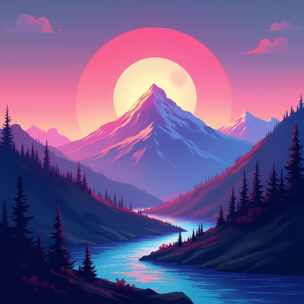 Geometric Mountain Landscape in Saturated Matte
