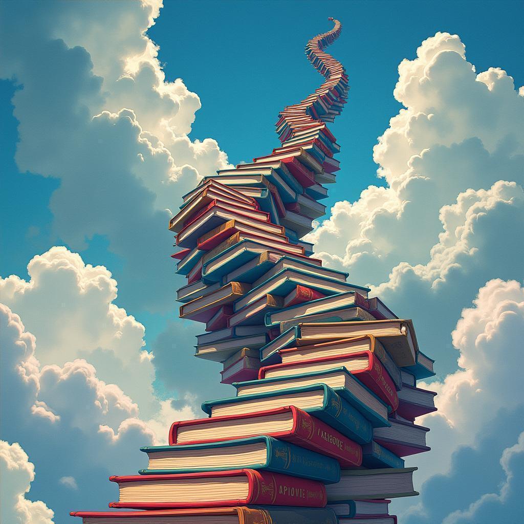 Colossal Book Staircase Ascending Into Clouds