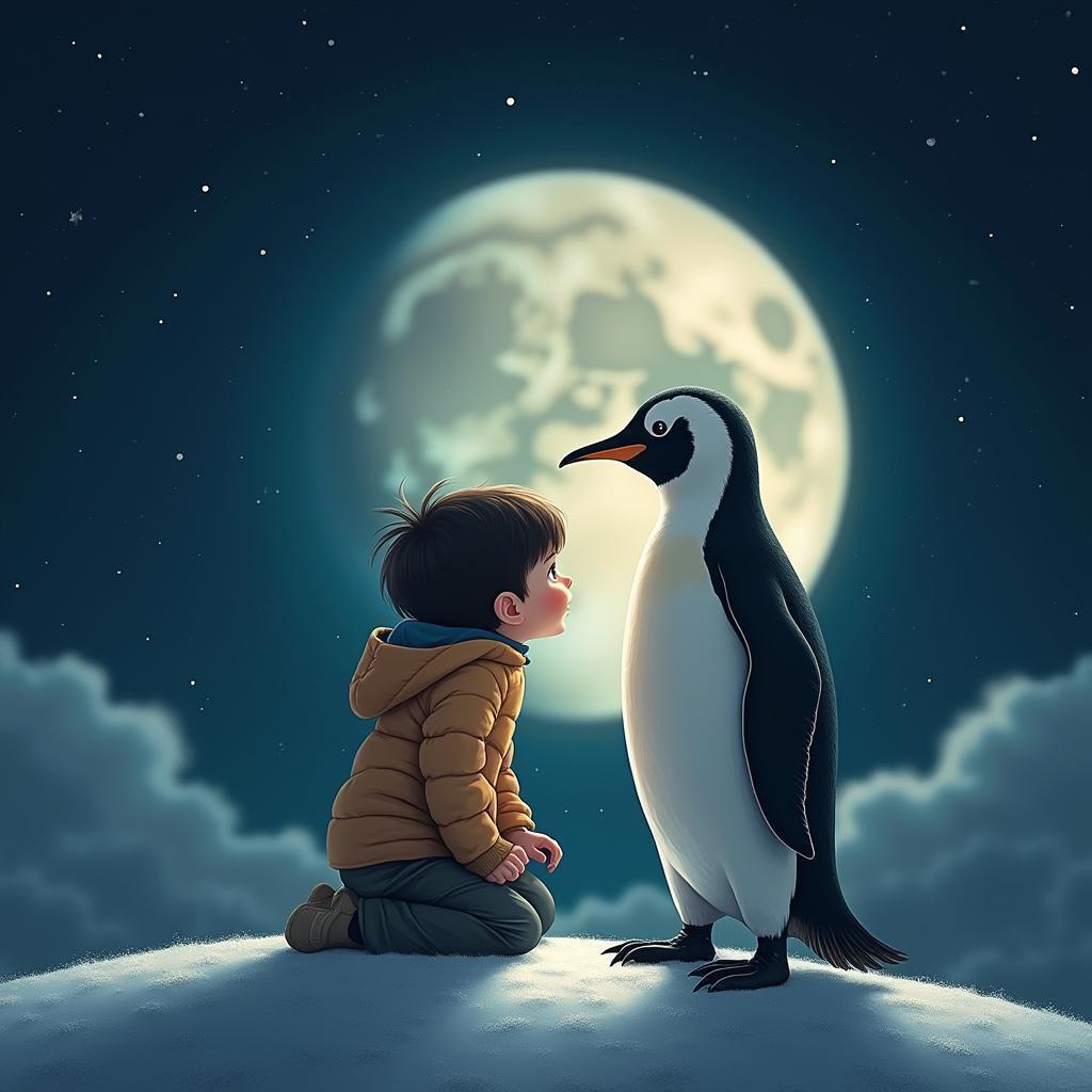 Child and Penguin Sitting on the Moon