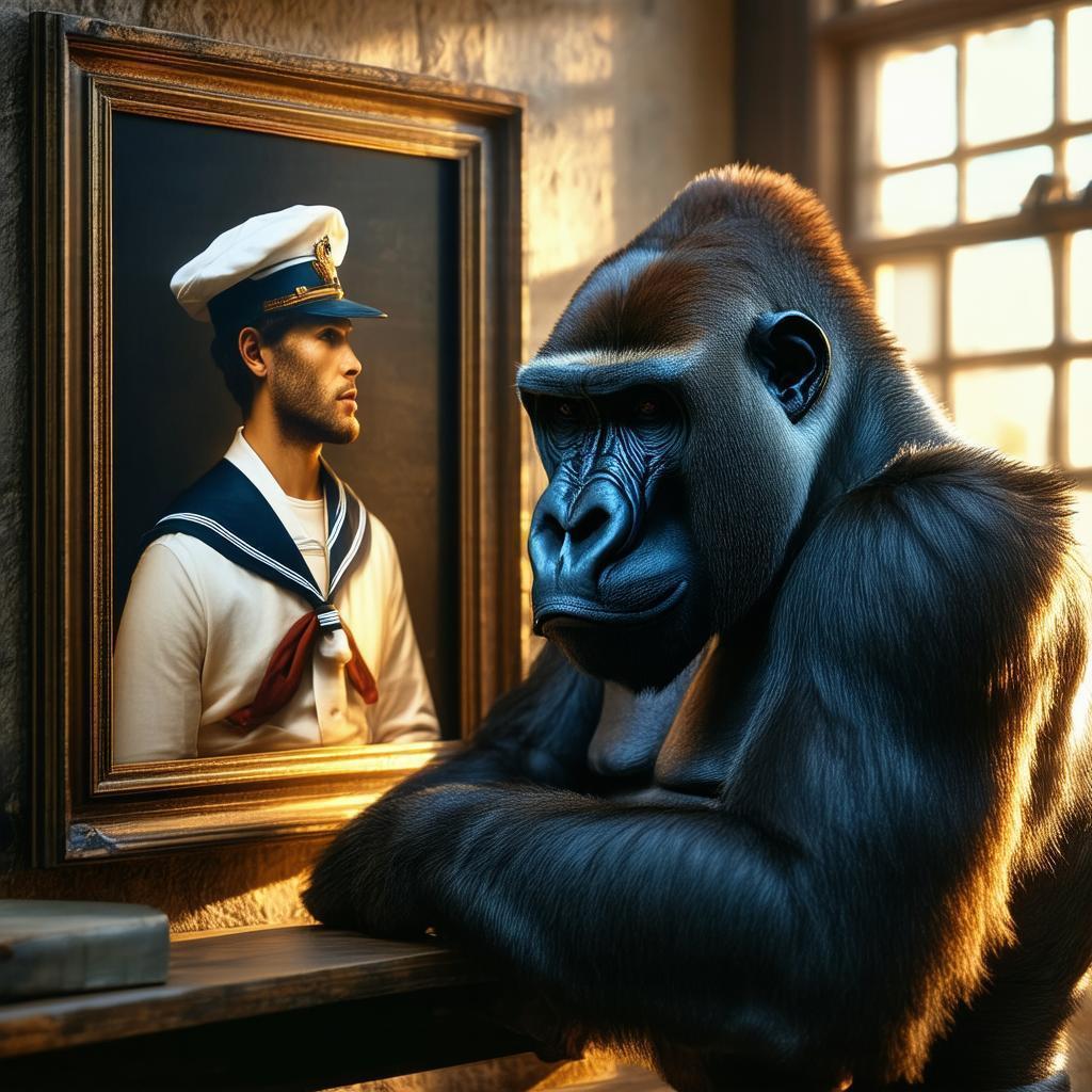 Gorilla Contemplates a Human Sailor's Portrait