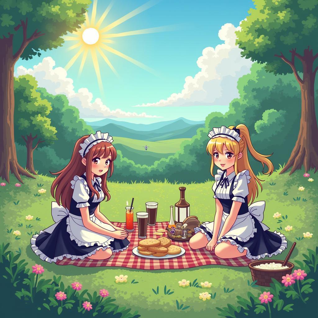Anime Maids Picnic in Grimdark Steampunk Pixels