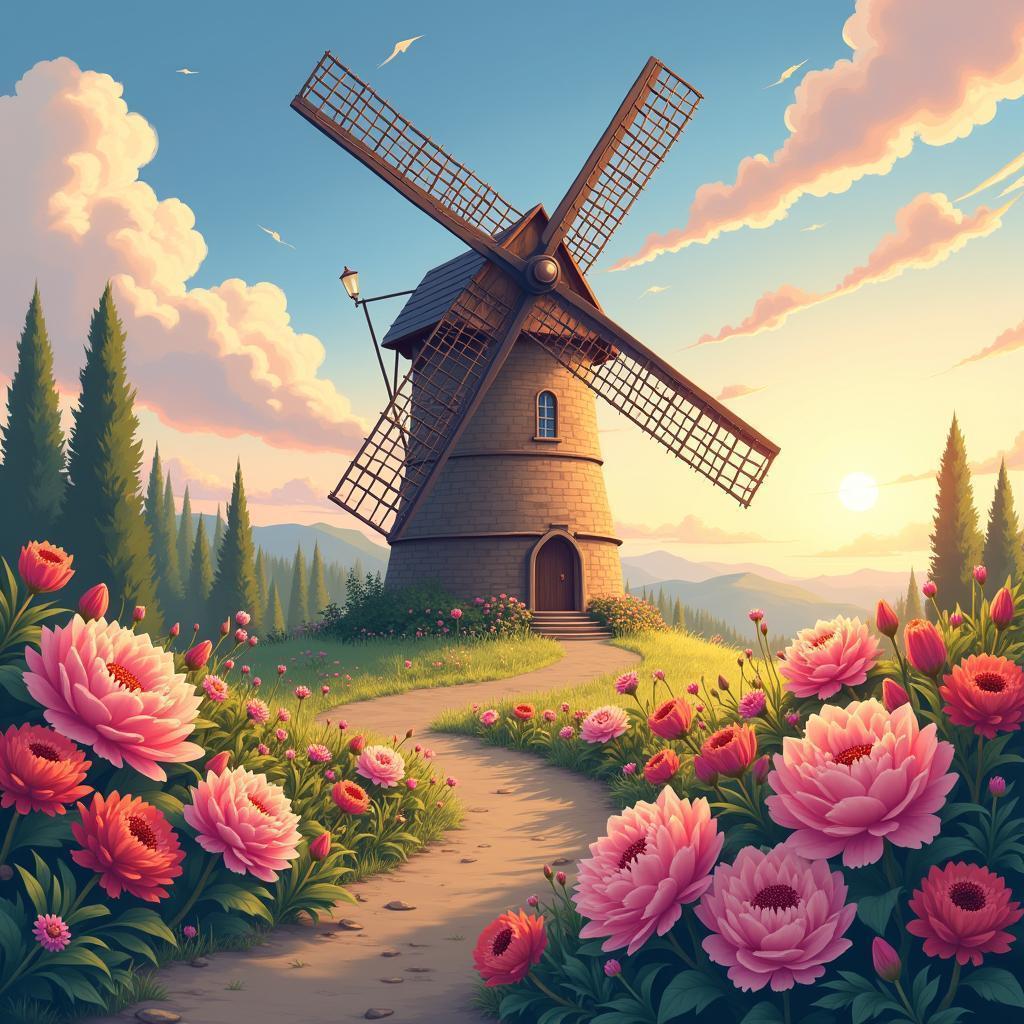 Old Windmill Among Blooming Anime Flowers