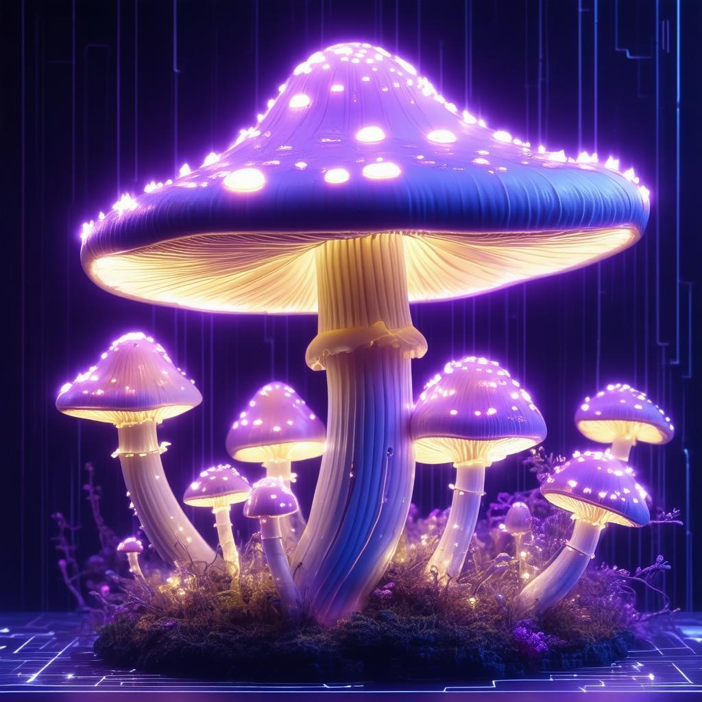 Glowing Neon Mushroom Sculpture in Cyber Dark
