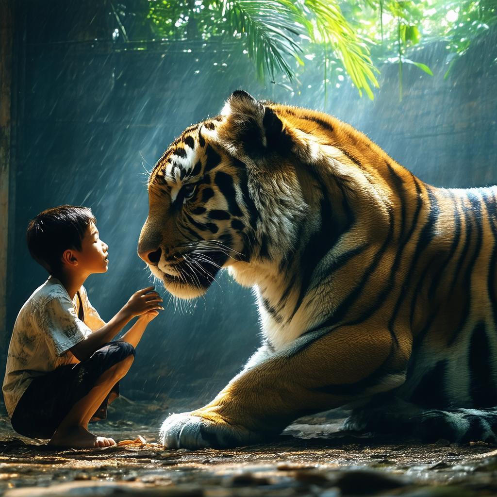 Boy and Tiger at Play in Chiaroscuro