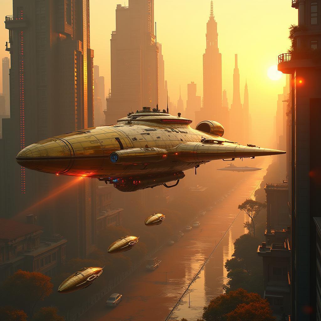 Golden Spaceship Escorted by Sleek Metallic Vessels