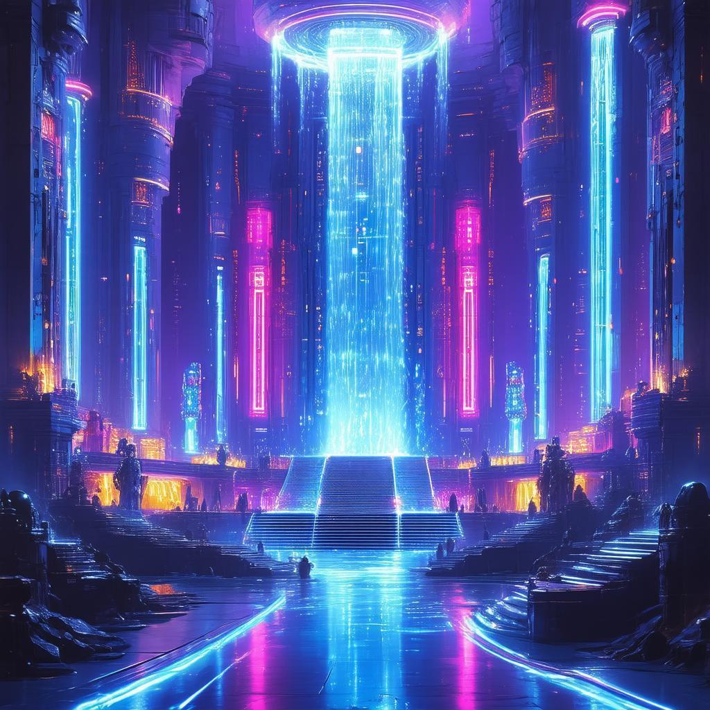 Neon Sci Fi Temple of Cascading Waterfalls