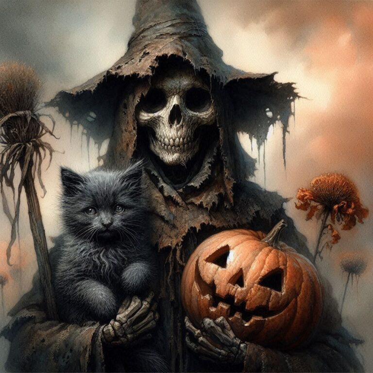 Eerie Scarecrow Holding Black Kitten Illustration