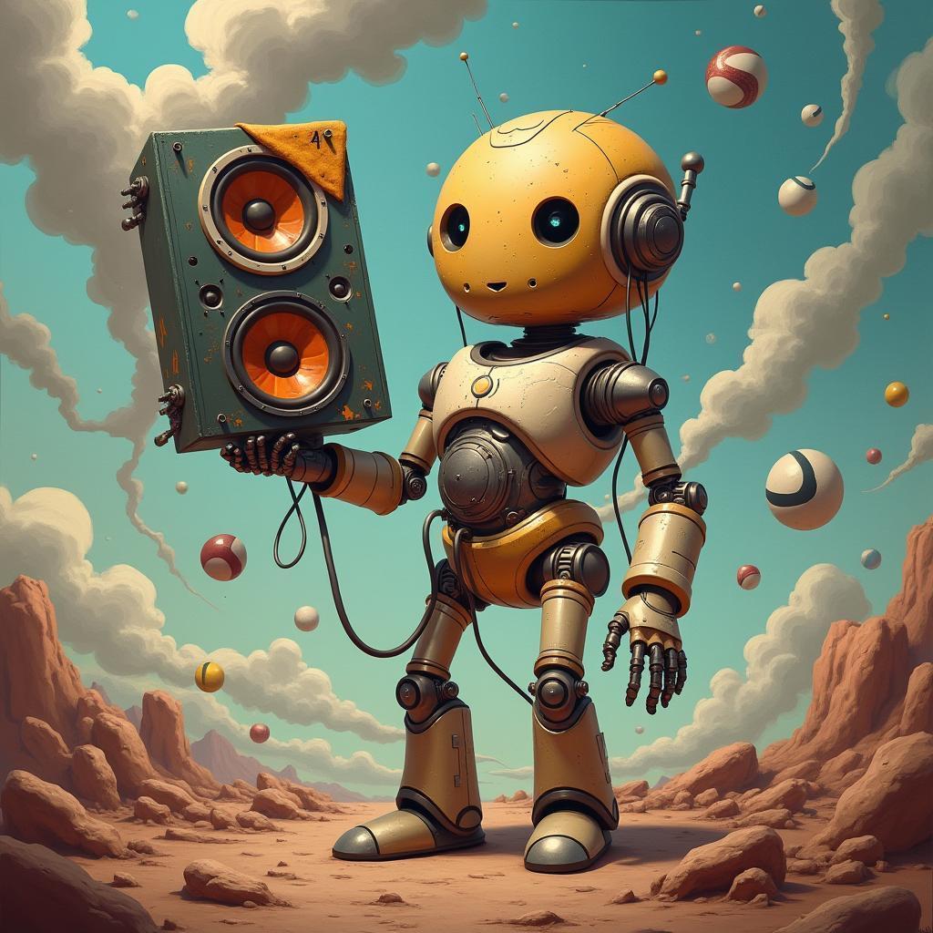 Surrealist Robot Clutching a Melting Speaker