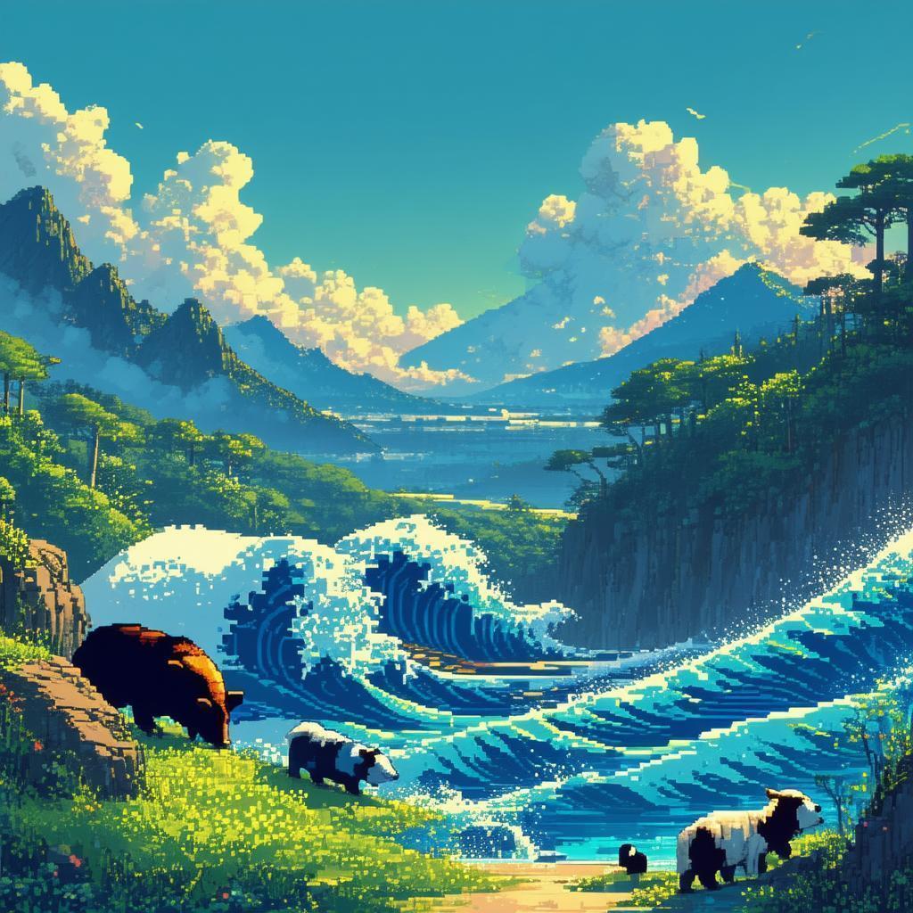 Hokusai Animal Farm in 8 Bit Waves