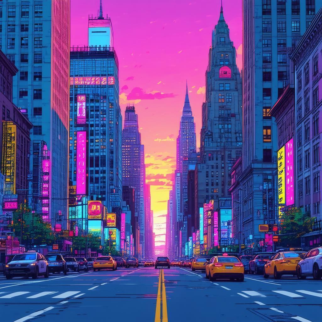 Downtown New York Sunset in Anime Neon