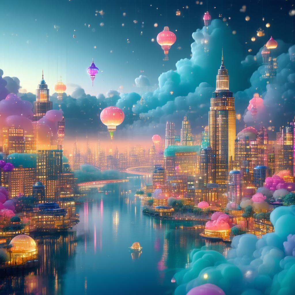 Whimsical Floating Cityscape in Volumetric Glow