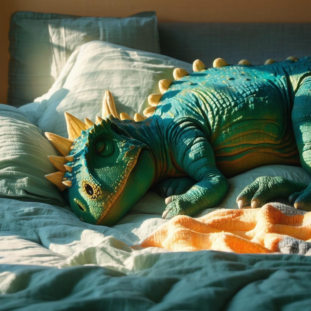 Sleeping Dinosaur On A Bed Cinematic Scene