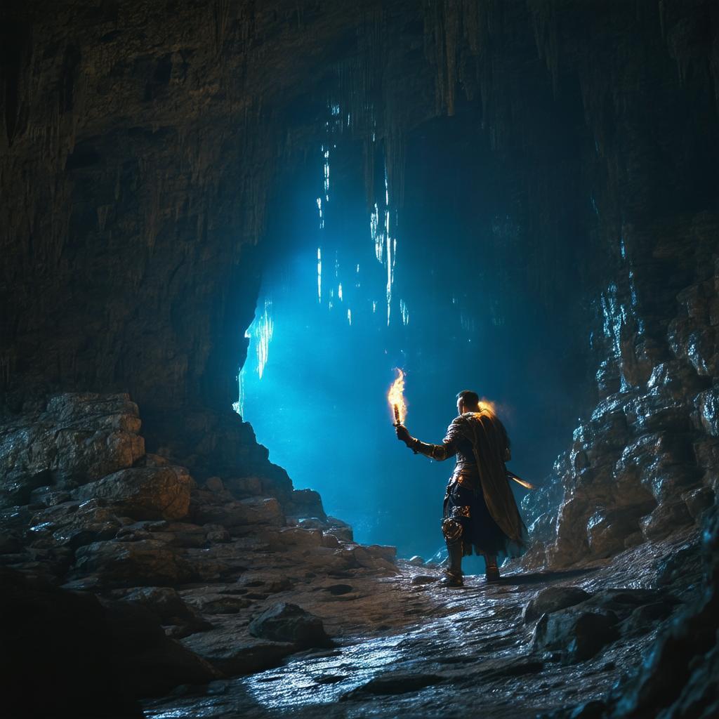 Fantasy Hero Bearing Torch Through Mystic Cave