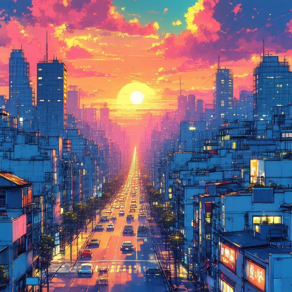 Vibrant Manga Sunset Over Bustling Cityscape