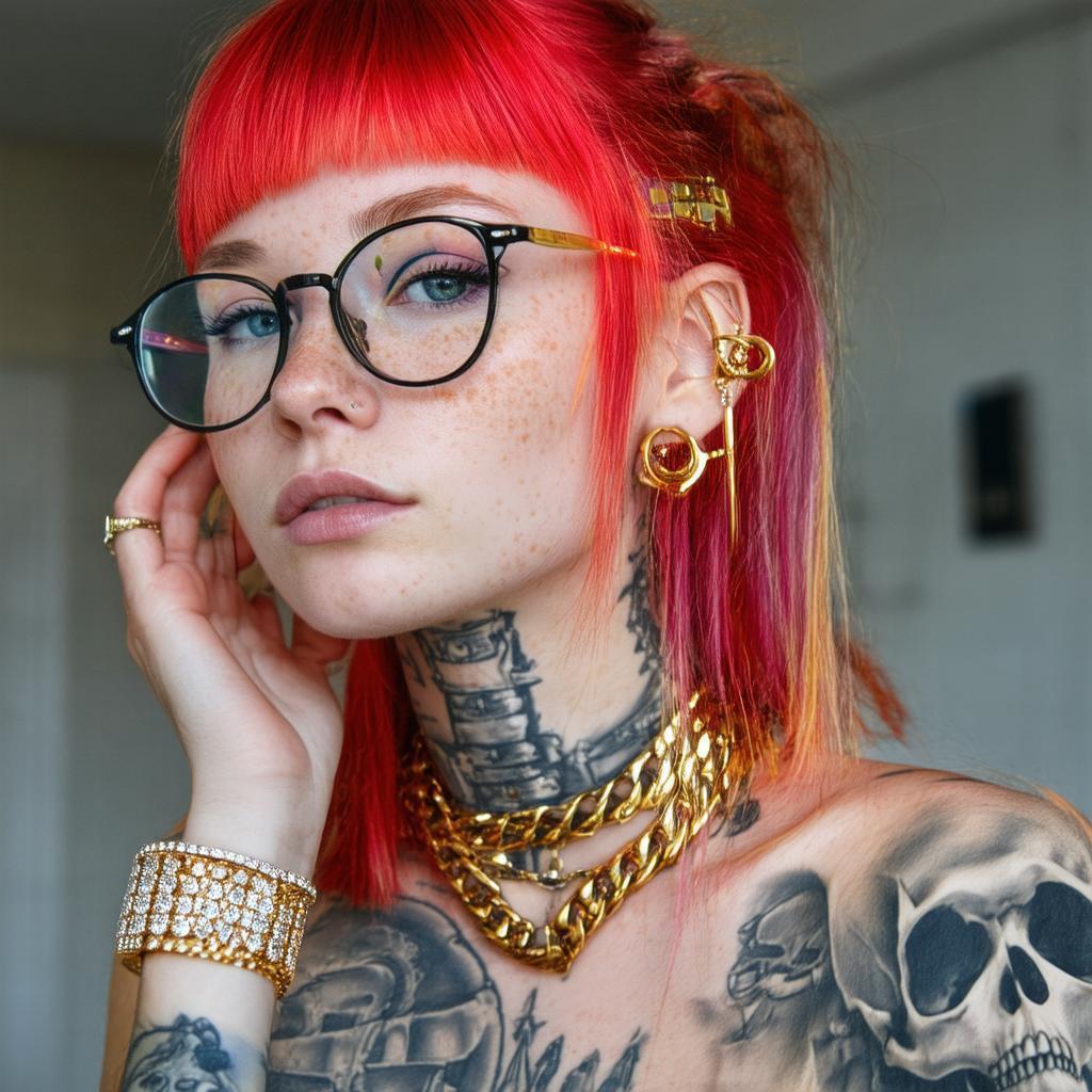 Neonpunk Nerdy Girl With Skull Tattoo
