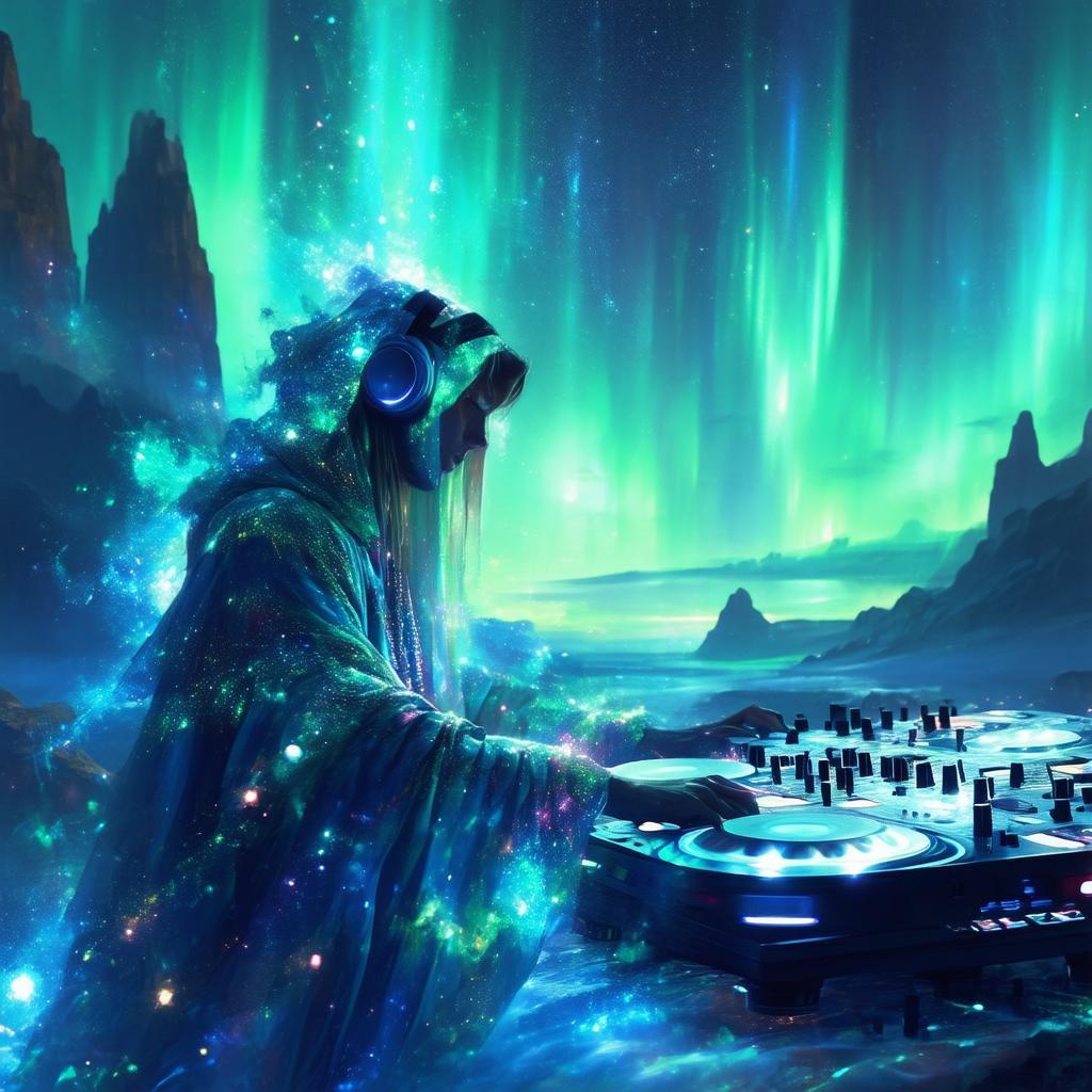 Celestial DJ Amid Glowing Auroras And Starlight