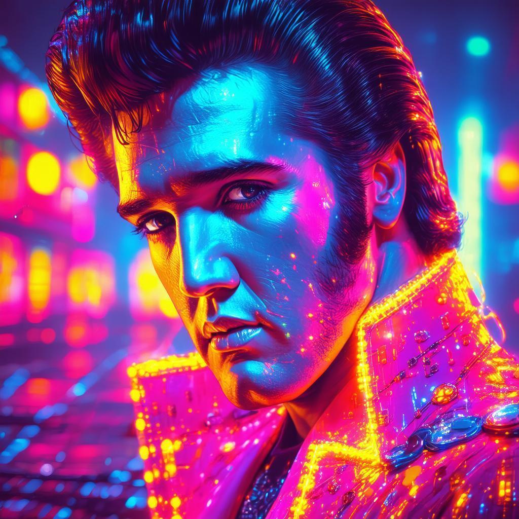 Neon Cybernetic Elvis Presley Cartoon Portrait