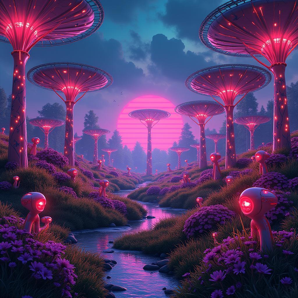Neonpunk Meadows Blooming With Alien Flora