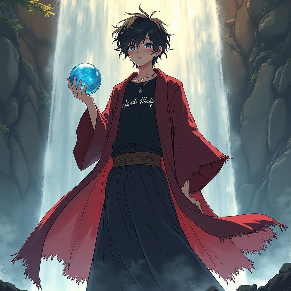 Anime Boy Holding Glass Ball Atop Waterfall