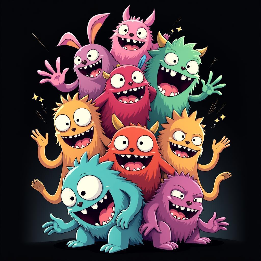 Joyful Anime Monster Stack On Black Canvas