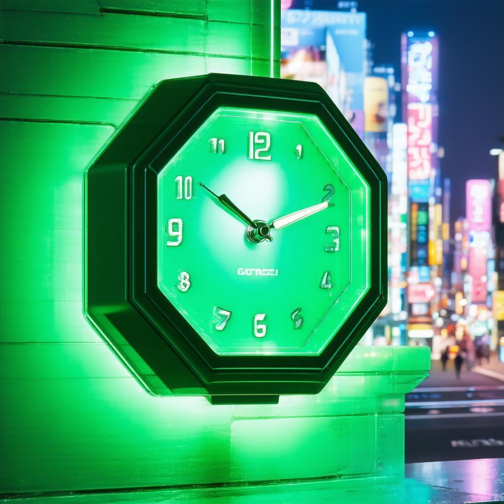 Green Pentagon Clock In Neon Anime City