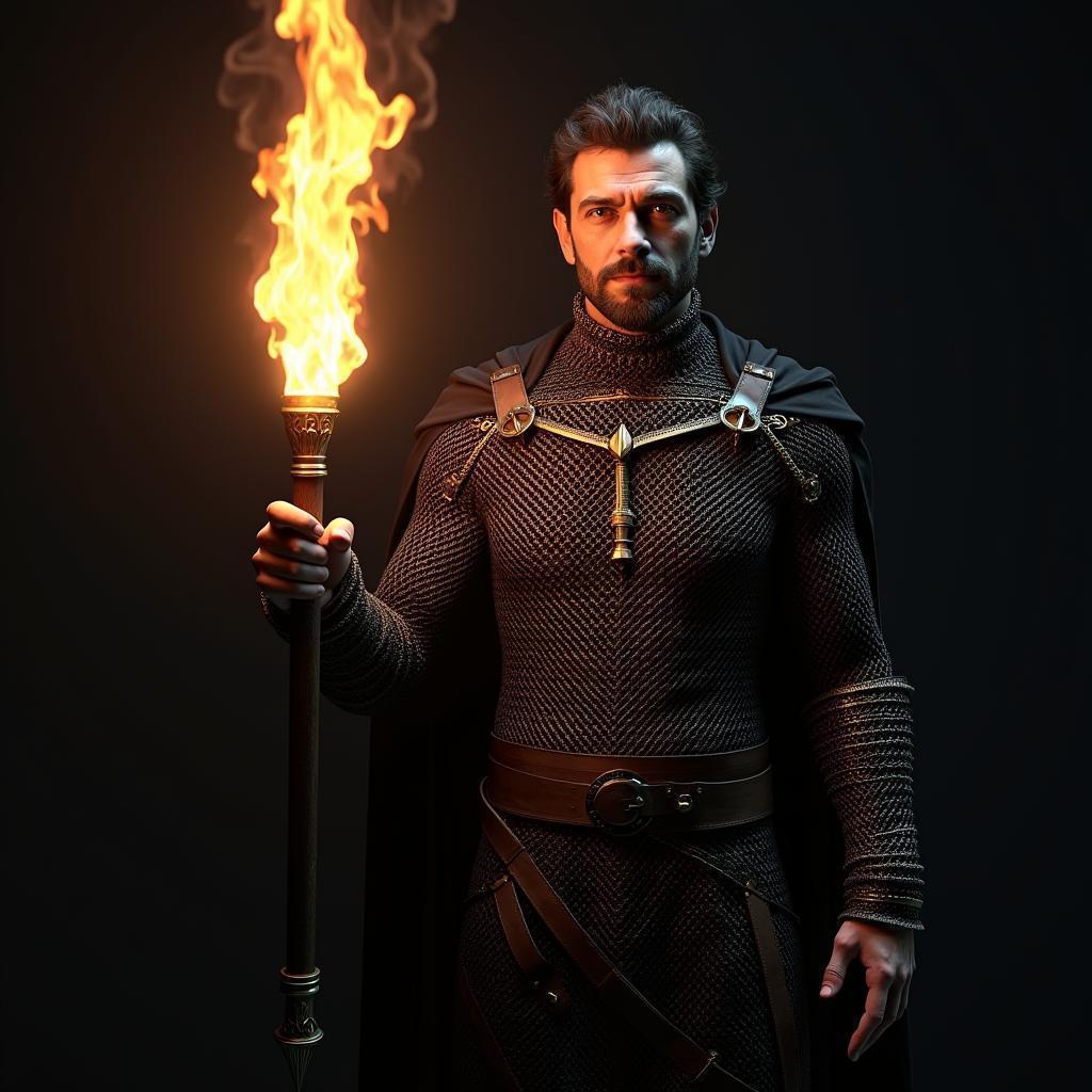 Chainmail Warrior Wielding Glowing Fire Staff