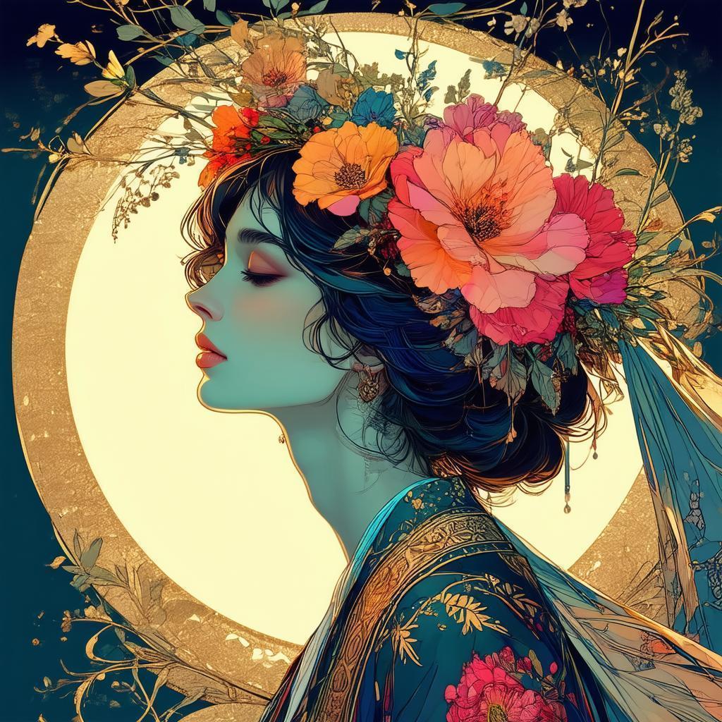 Art Nouveau Woman Wearing Floral Crown