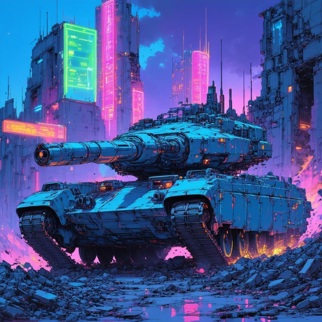 Giant Neon Mecha Tank In City Ruins