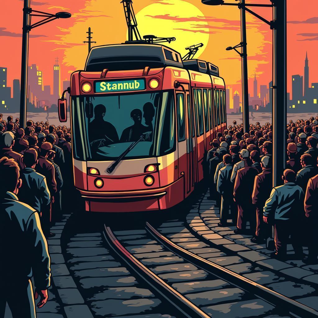 Overcrowded Tram In Bold Graphic Style
