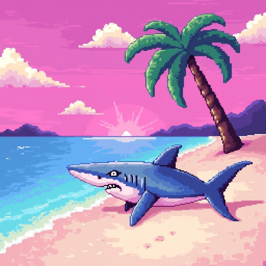 Pixel Hammerhead Shark On Pink Beach