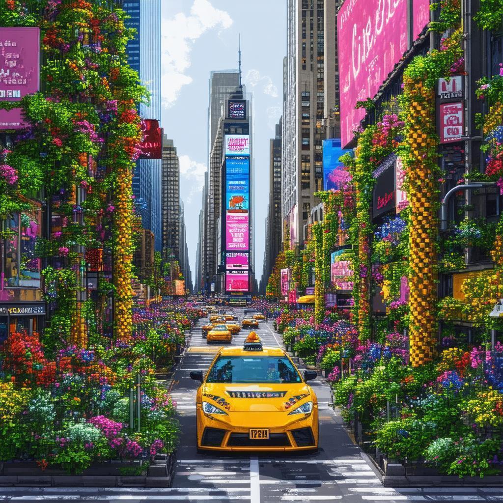 Pixelated Times Square Overgrown With Neon Foliage