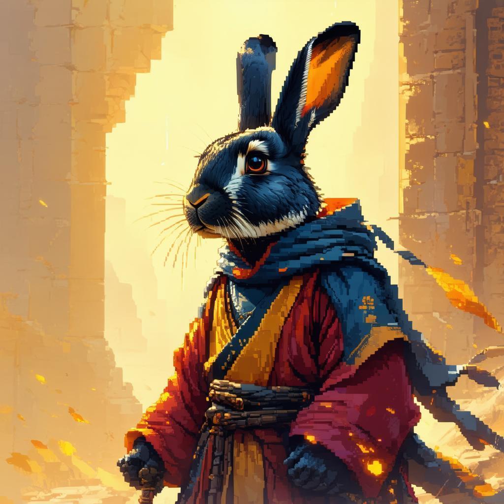 Pixel Black Rabbit Monk Retro Portrait