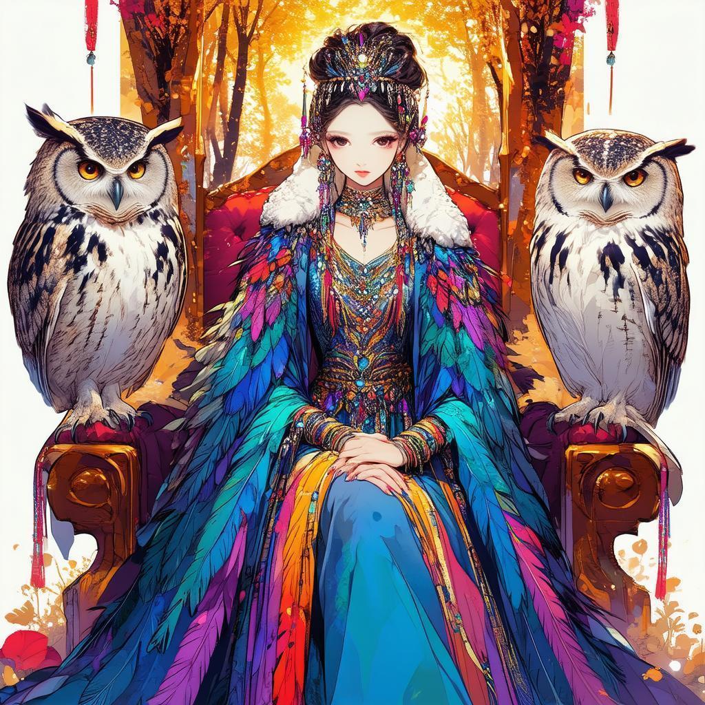 Feathered Owl Goddess On Elegant Throne