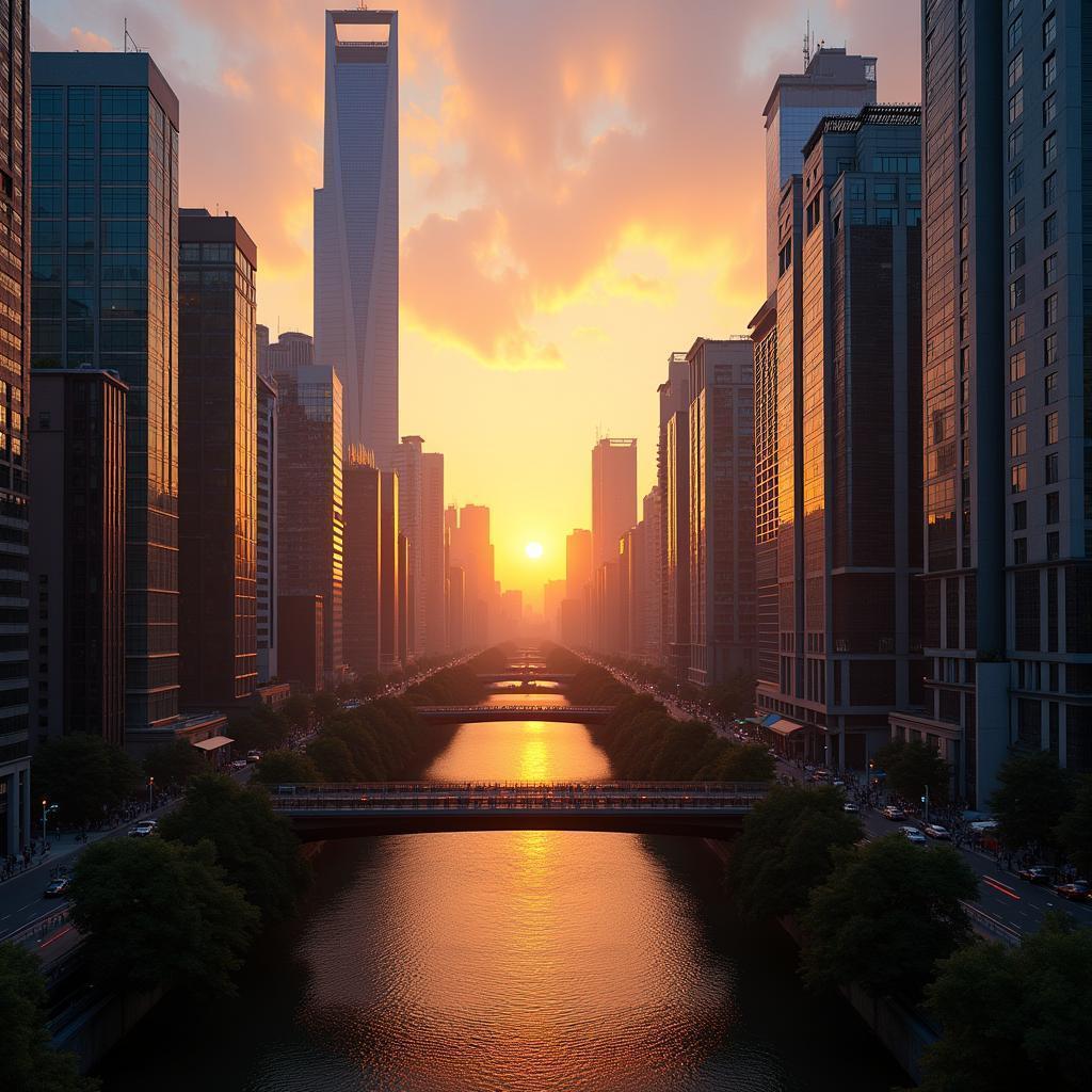 Downtown Shanghai Bathed In Golden Sunrise