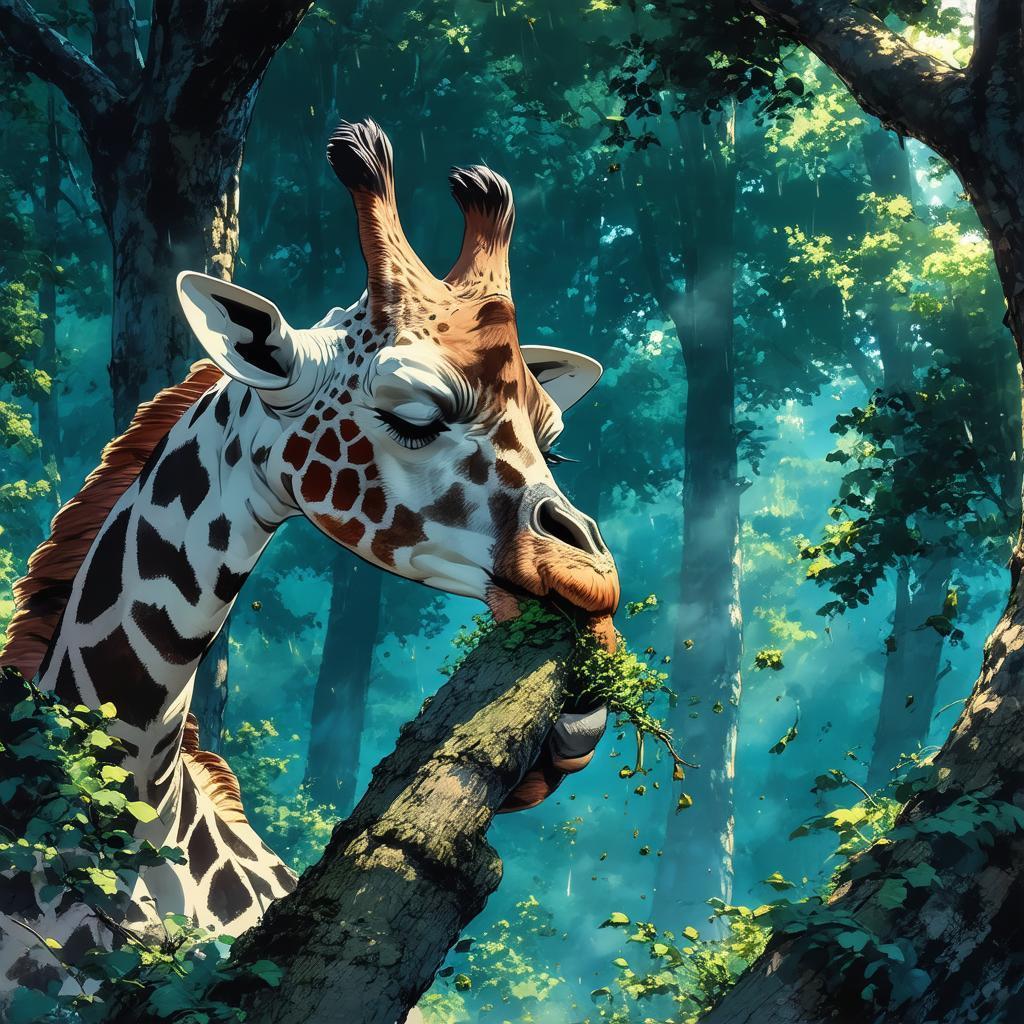 Manga Giraffe Munching Bark In Misty Forest