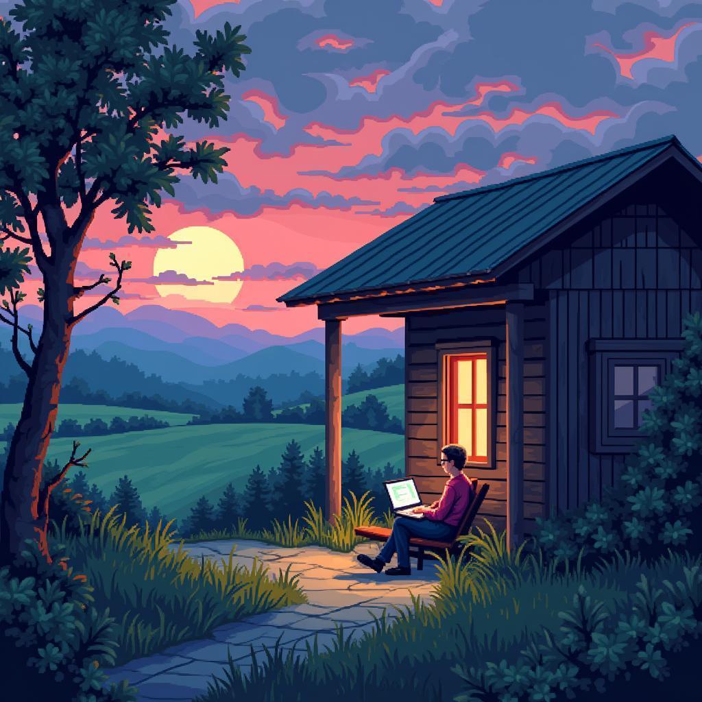 Pixel Sage With Laptop In Polish Countryside