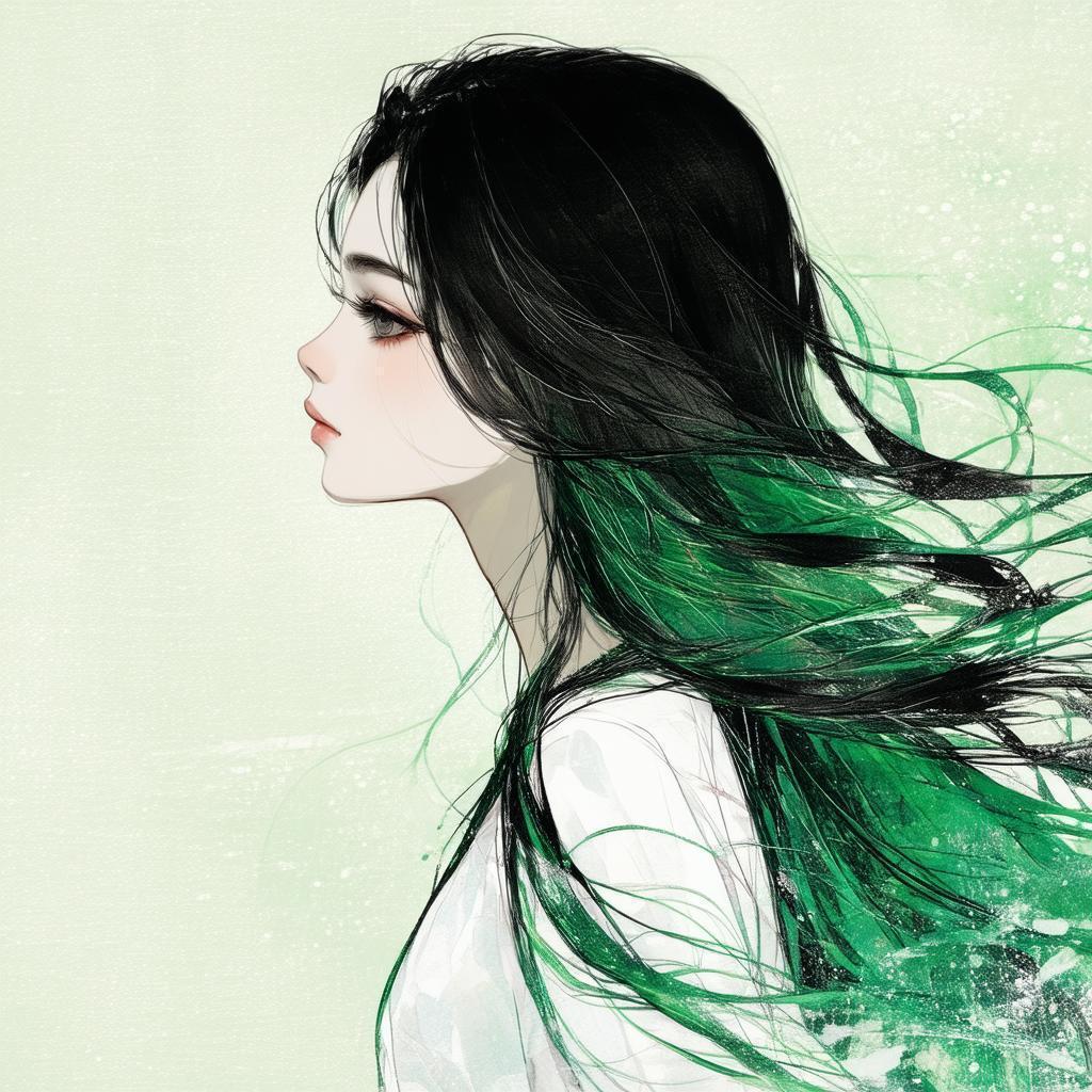 Girl With Emerald Tinted Flowing Hair