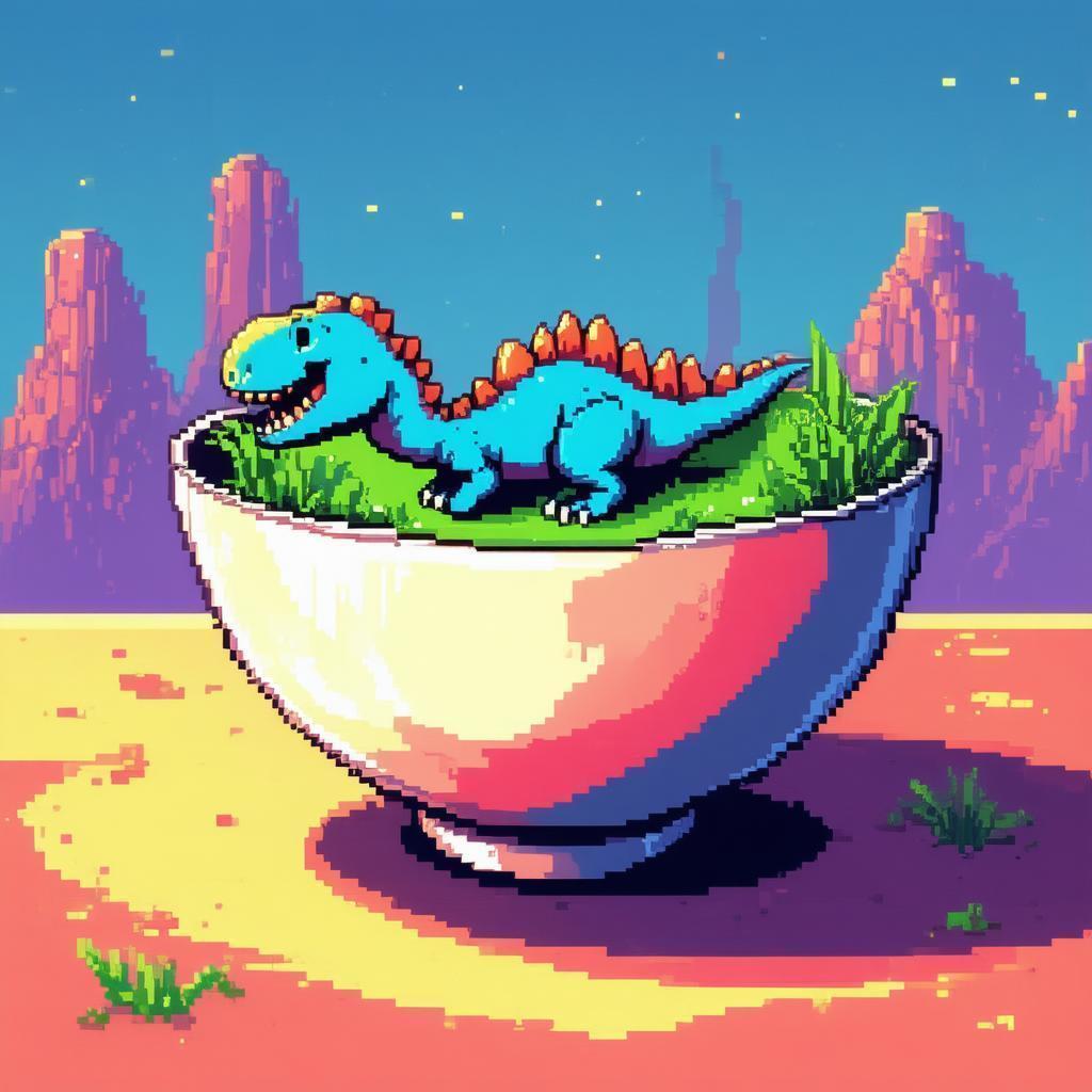 Pixel Bowl With Cartoon Dinosaur Charm