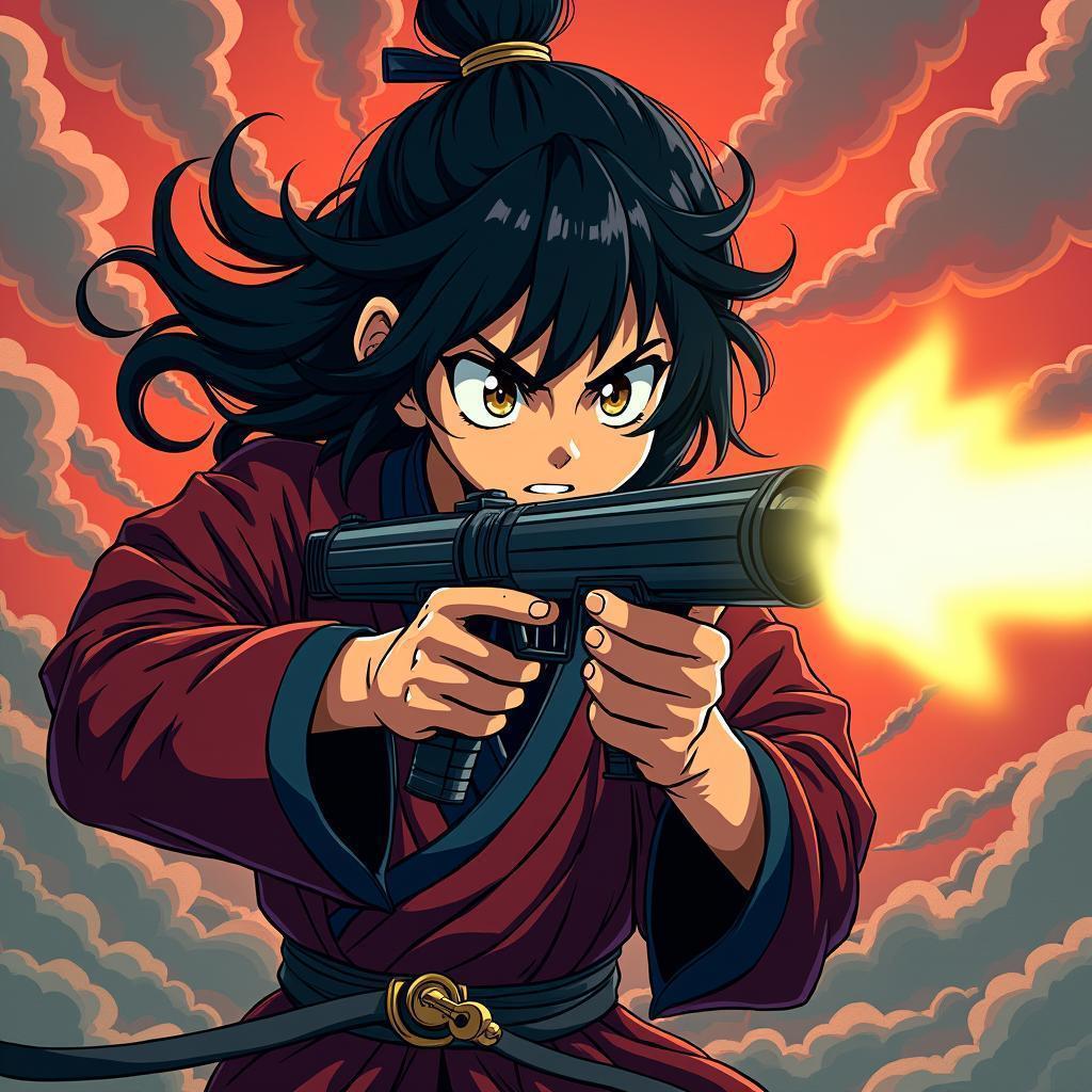 Anime Samurai Firing A Machine Gun