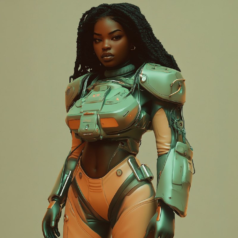 Muscly Black Woman in 70’s Mech Armor